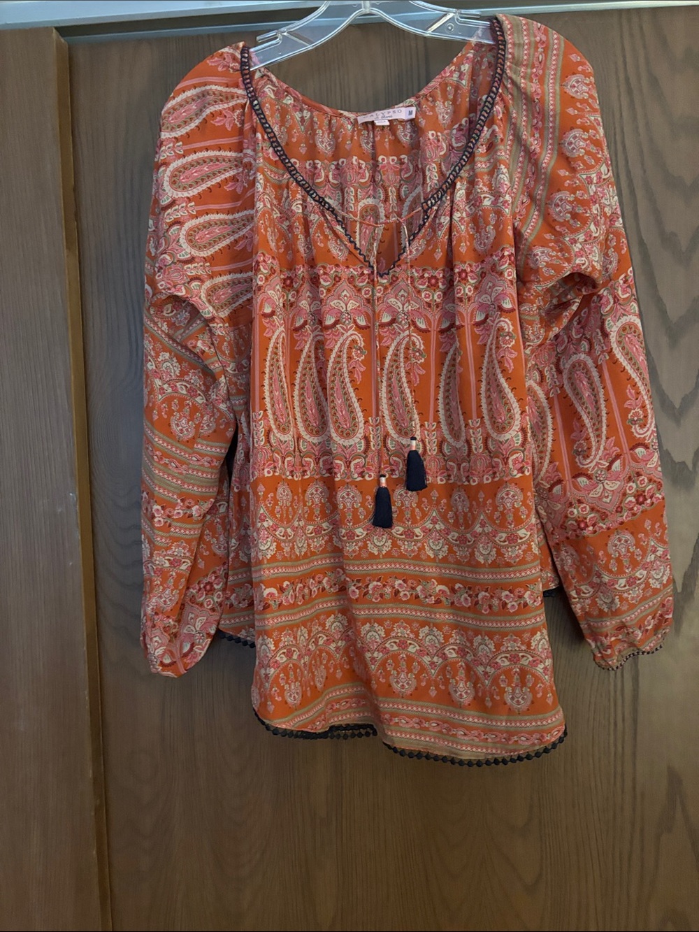 Calypso St. Barth Orange Paisley Peasant Top with Navy Tassels